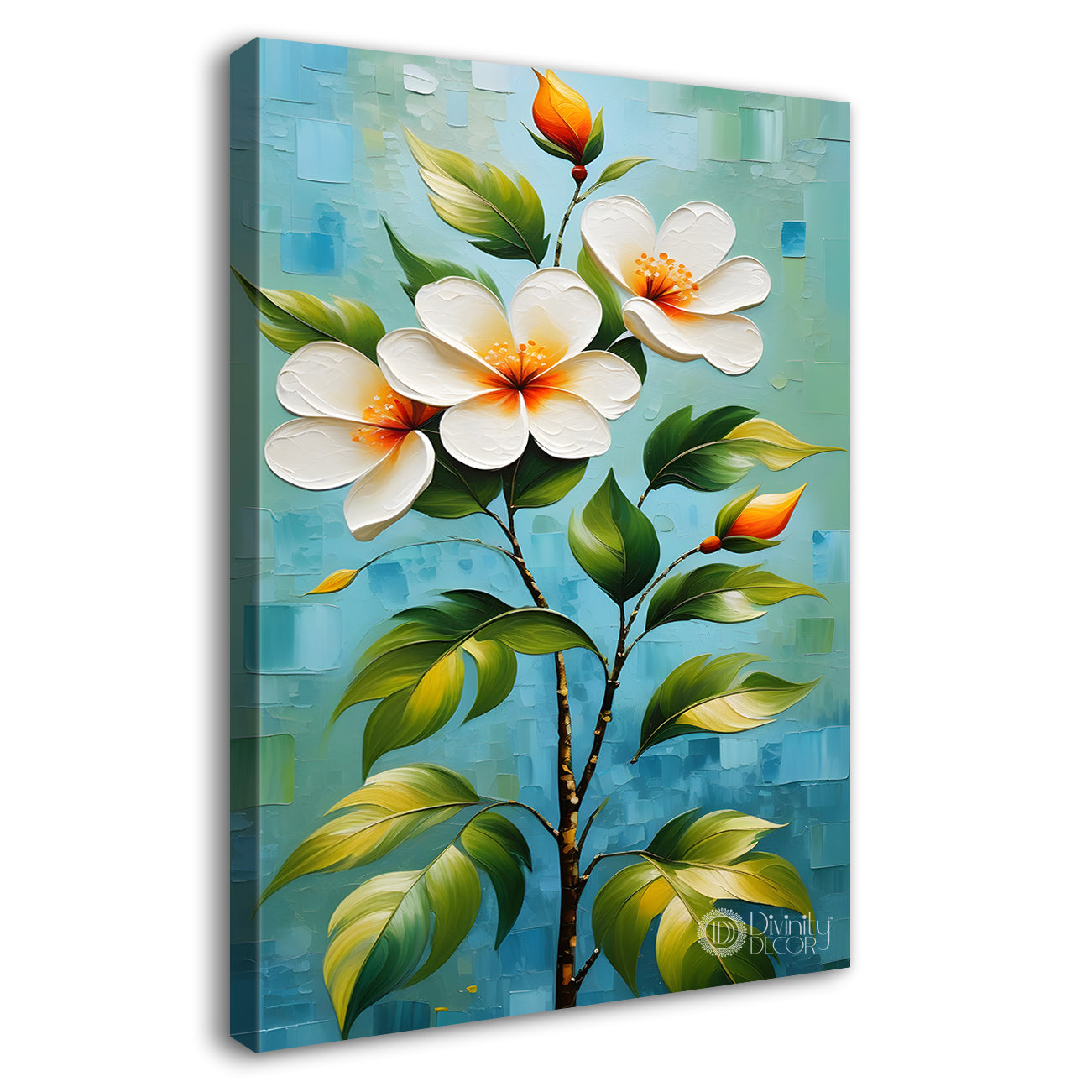 White flowers in blue textured background painting- Flower-V-176