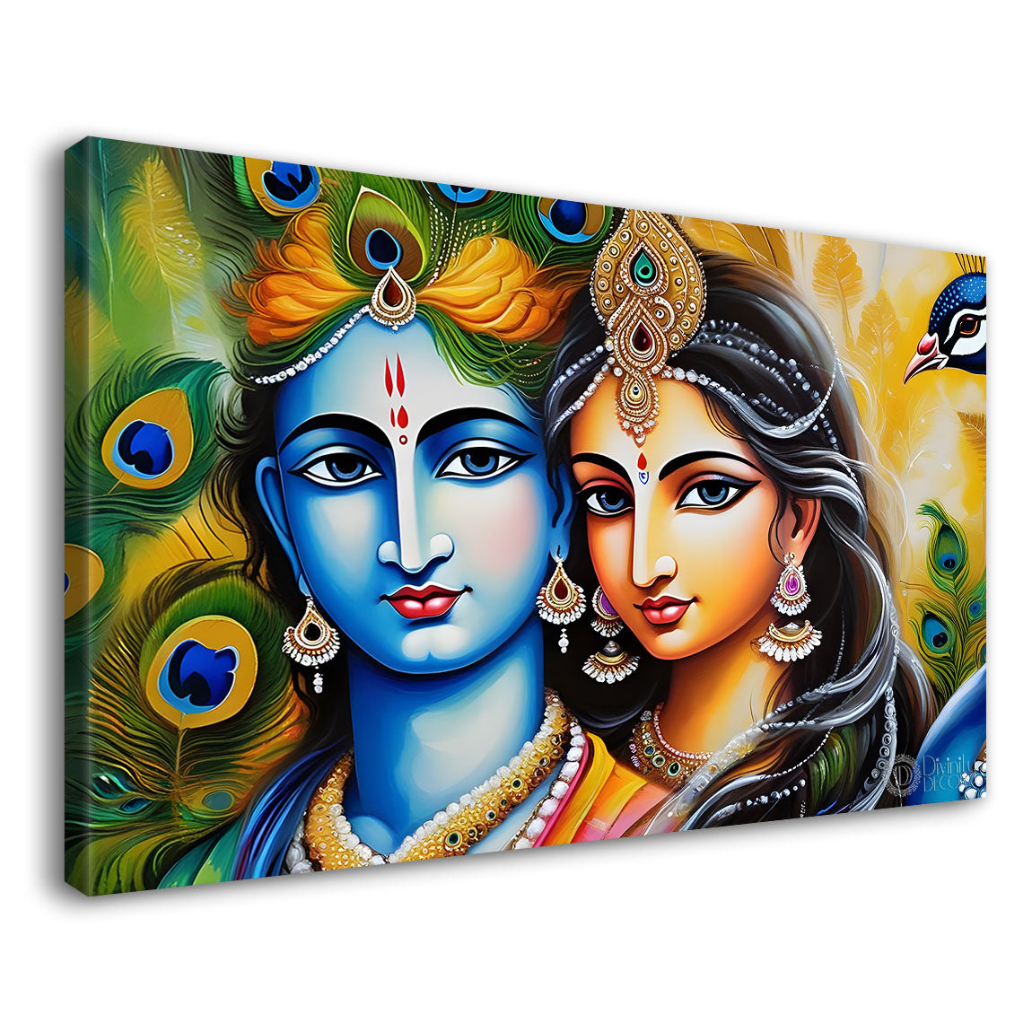 Blue face of Krishna and Radha with yellow and peacock feather background painting Canvas Painting - Design - Krishna-176