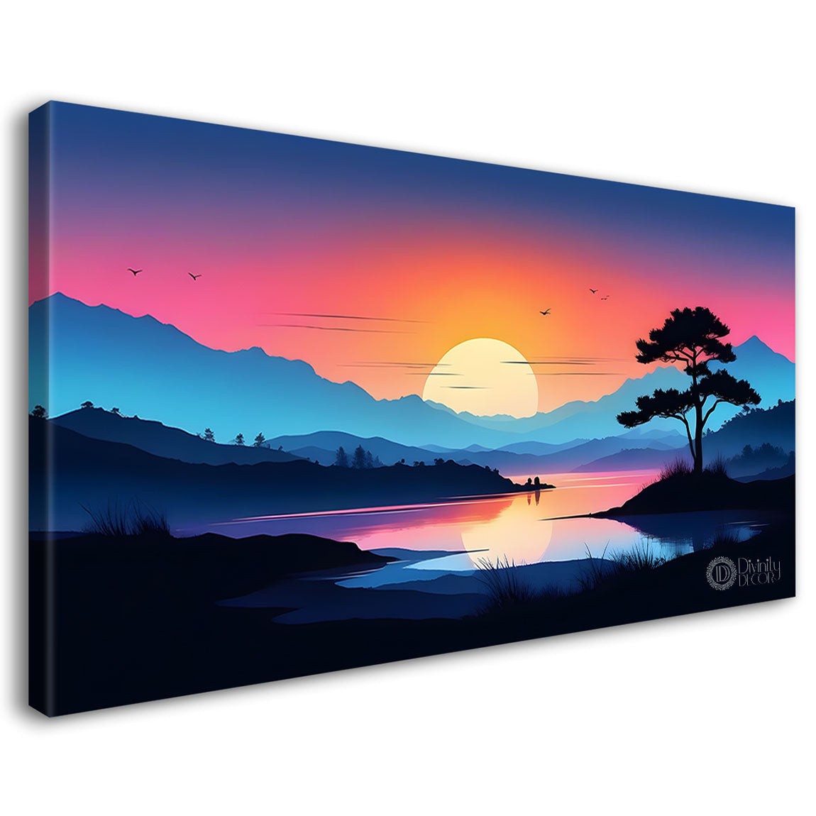 Mountains with trees and pink sky with sun in textured painting Canvas Painting - Nature Art -176