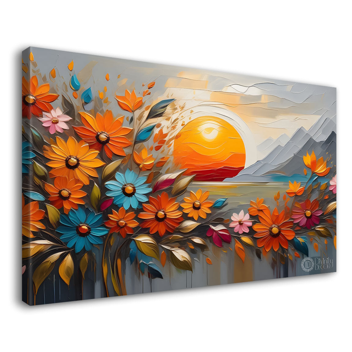 Colorful flowers with sunset background painting- Design - Flower-176