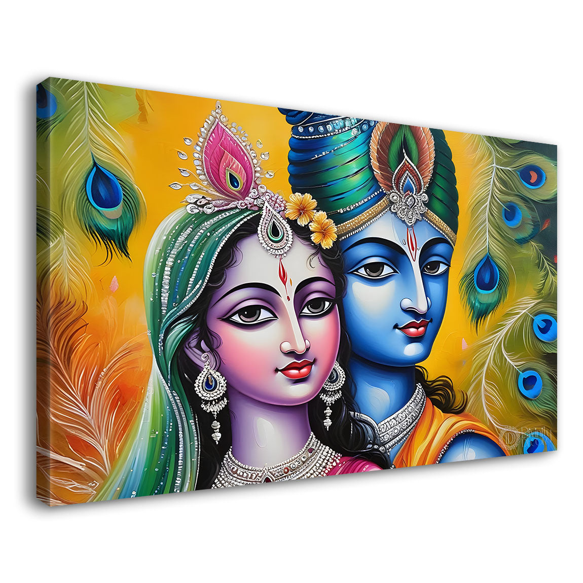Blue face of Krishna and Radha with yellow and peacock feather background painting Canvas Painting - Design - Krishna-177