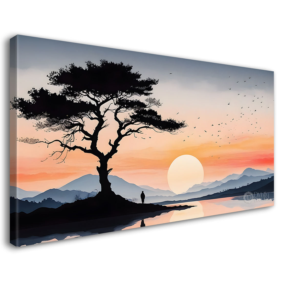Mountains with trees and sunset in textured water color painting Canvas Painting - Nature Art -177
