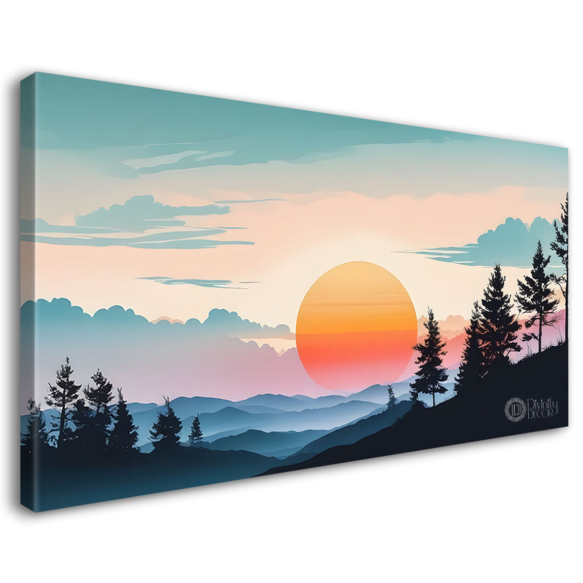 Mountains with trees and sunset in textured water color painting Canvas Painting - Nature Art -178