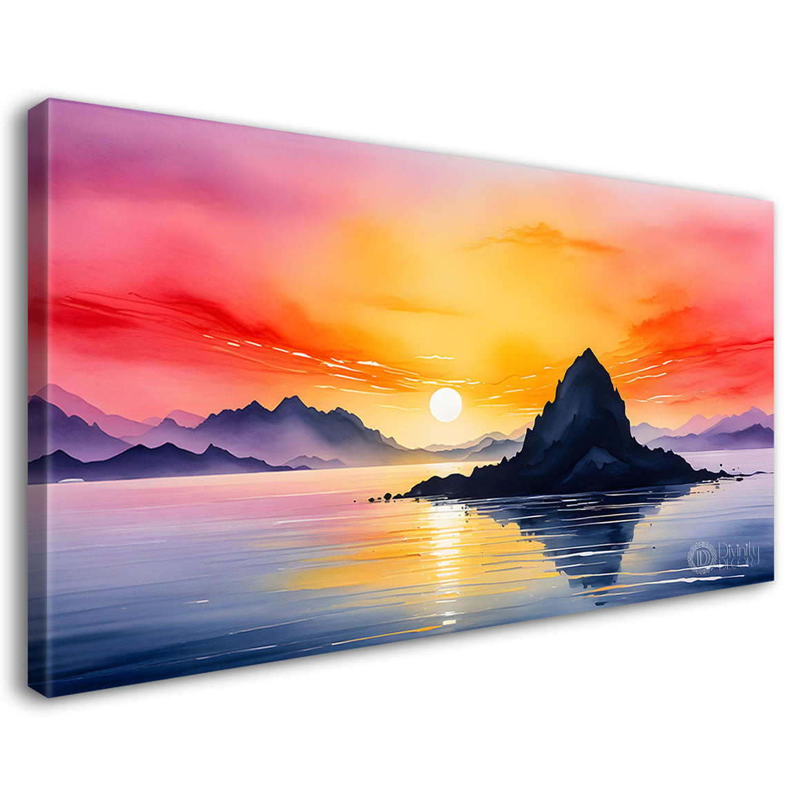 Mountains with sea and sunset in textured water color painting Canvas Painting - Nature Art -179
