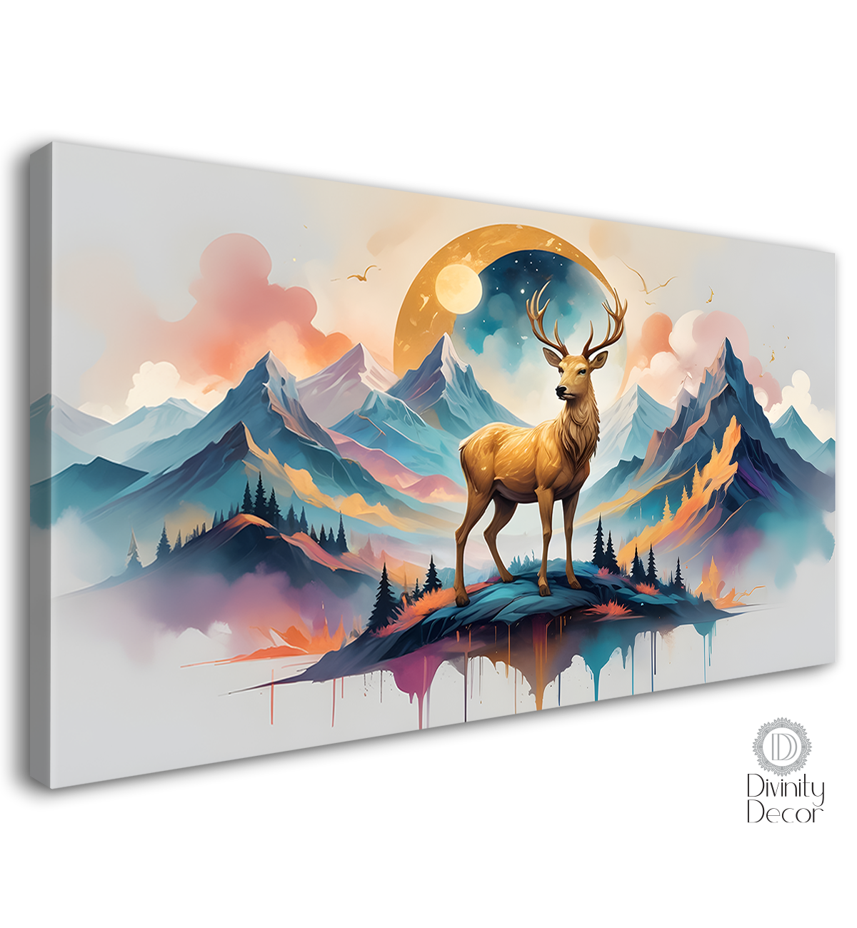 Golden Deer with mountains and moon in textured art.- Design - Animal -17