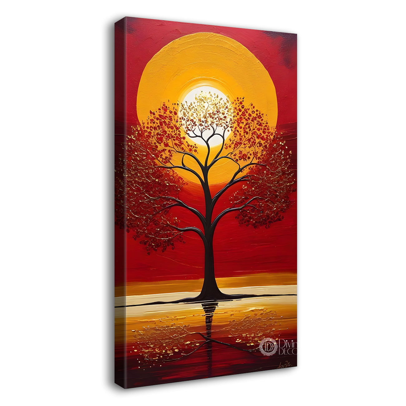 Red textured tree in front of sun with red textured oil painting Canvas painting - Tree-V-17