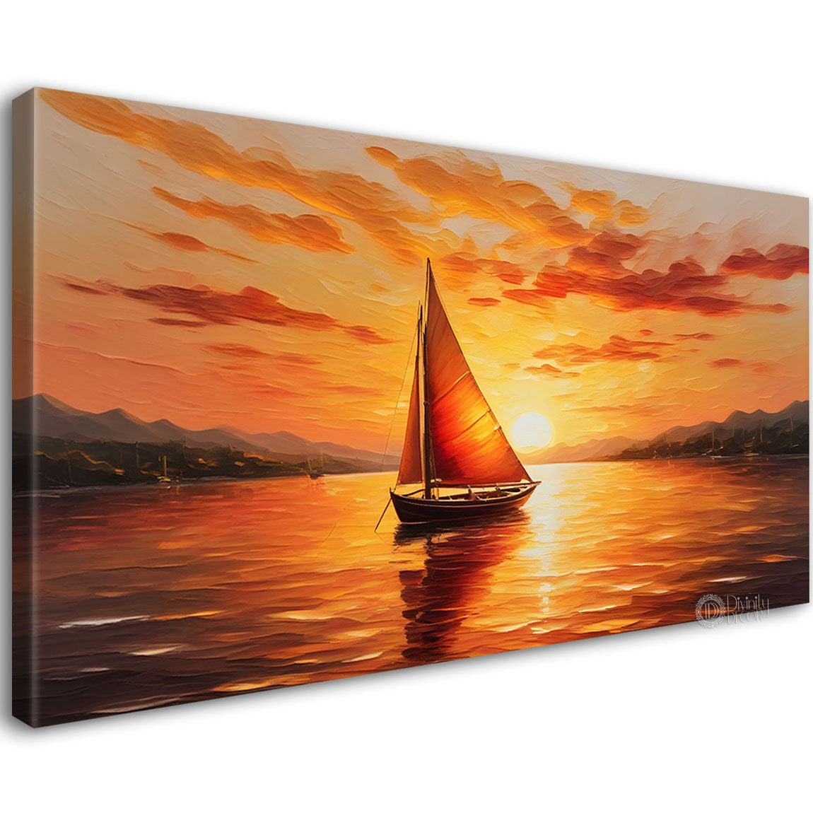 Boat in sea with sunrise background  textured modern art canvas painting - Design - River-17