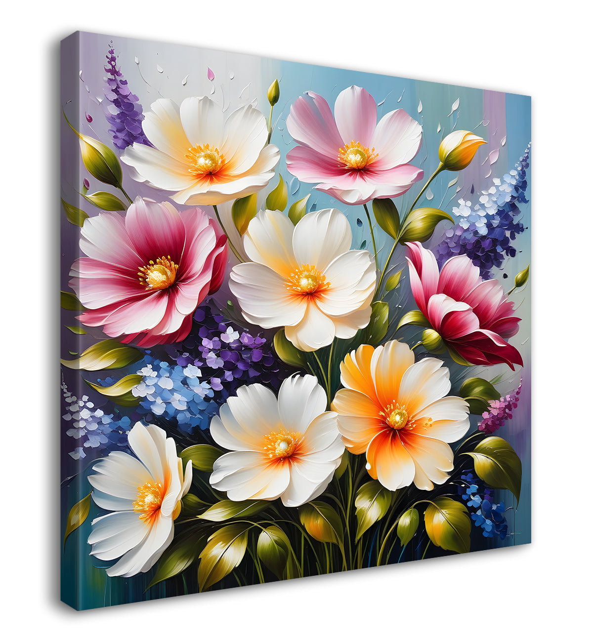 Pink flowers in blue background textured painting  - Flower-S-17