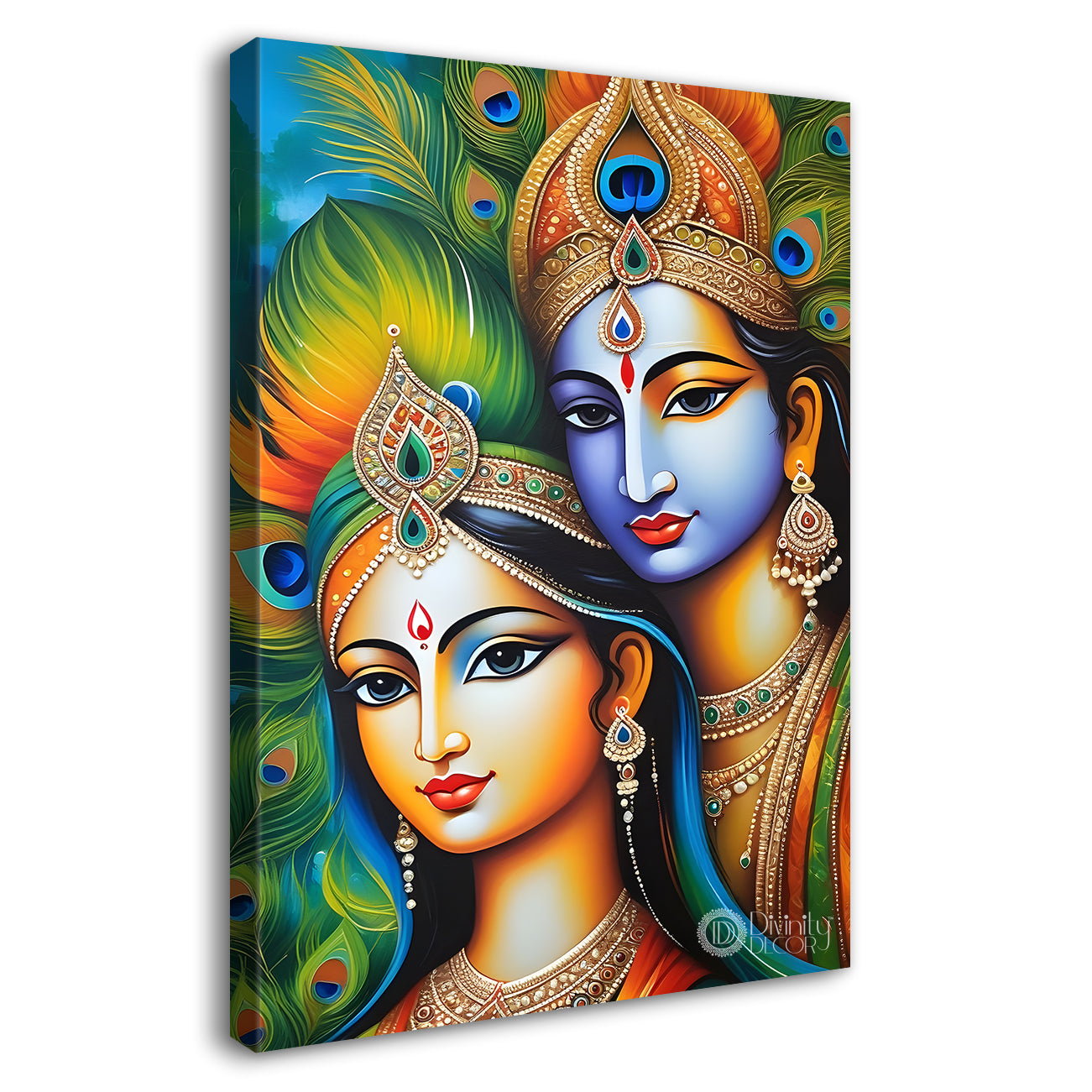 Blue face of krishna with radha in peacock feathers background textured art Canvas Painting - Design - Krishna-V-17