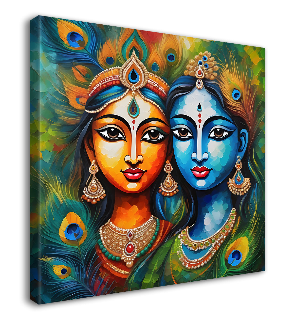 Blue face of krishna and radha with peacock feathers oil painting Canvas Painting 24X24- Design - Krishna-S-17