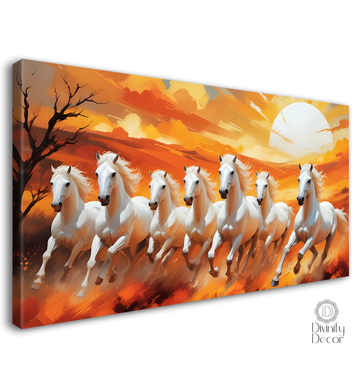 White running horses with tree and sun in yellow textured background art Canvas Painting - Design - Horse-18