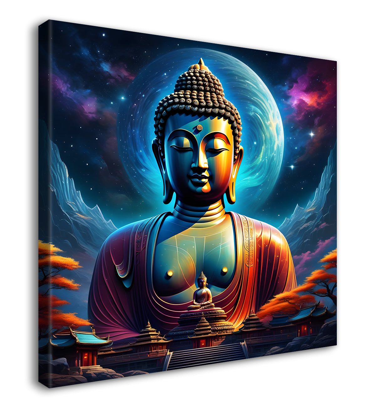 Golden buddha statue with cosmic light in background painting 24x24 inch Buddha-S-180
