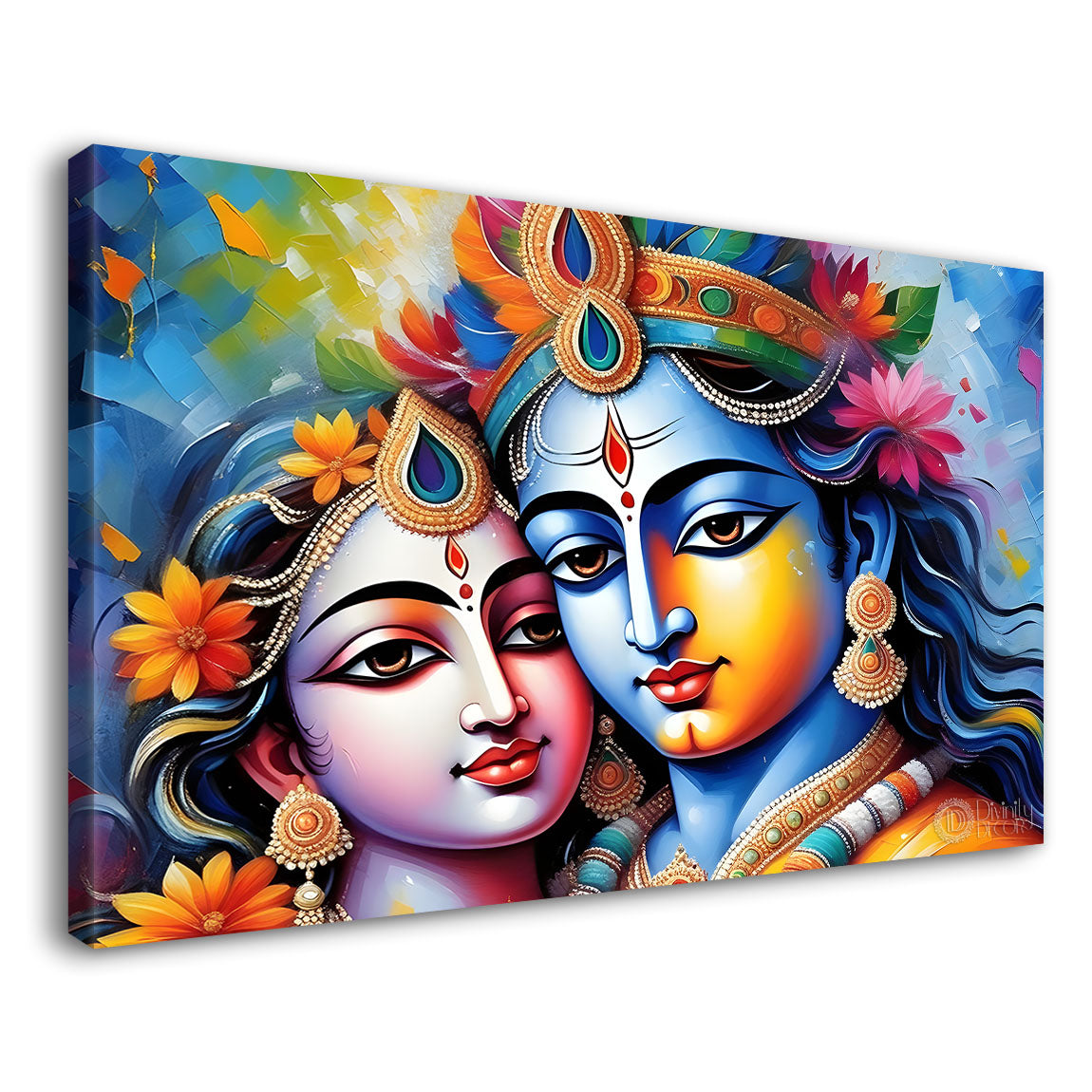 Blue face of Krishna and Radha with colorful background painting Canvas Painting - Design - Krishna-180