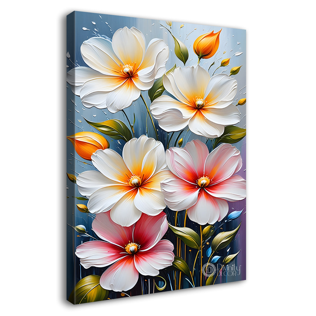 White flowers in blue textured background painting- Flower-V-180