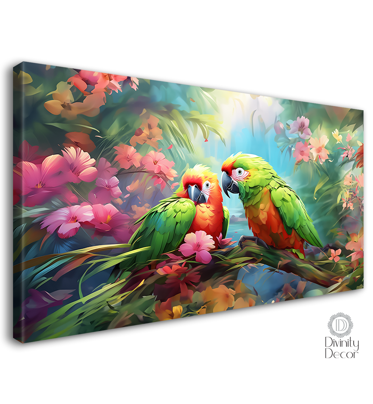 Green parrots on the branch with pink flowers in green background textured art. - Design - Animal - 181