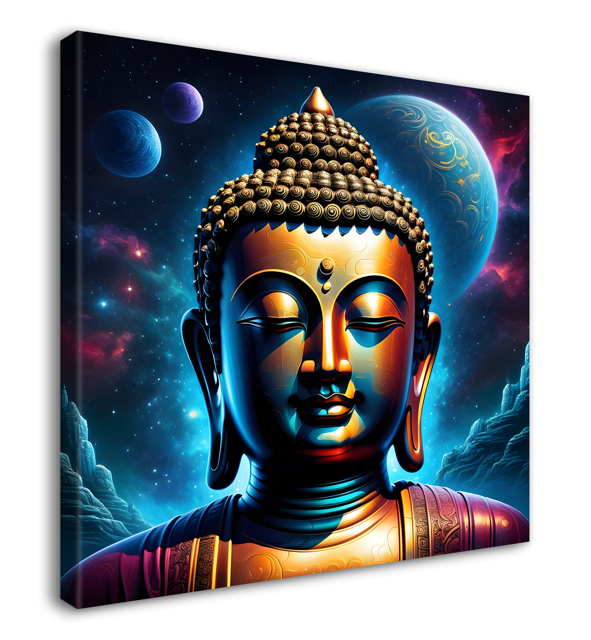 Golden buddha statue with cosmic light in background painting 24x24 inch Buddha-S-181