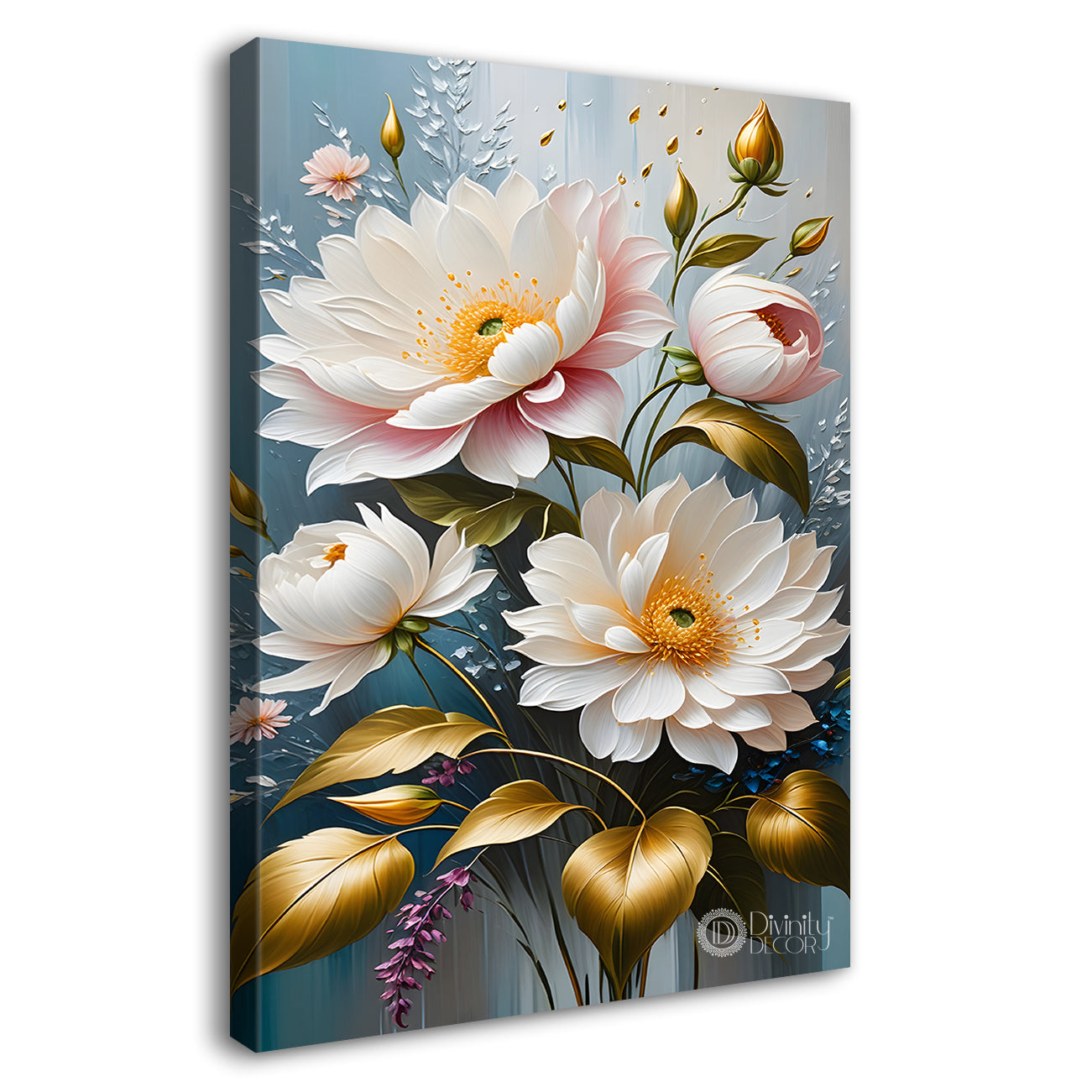 White flowers in grey textured background painting- Flower-V-181