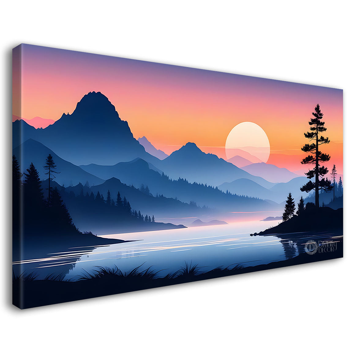 Mountains with trees and sunset in textured water color painting Canvas Painting - Nature Art -181