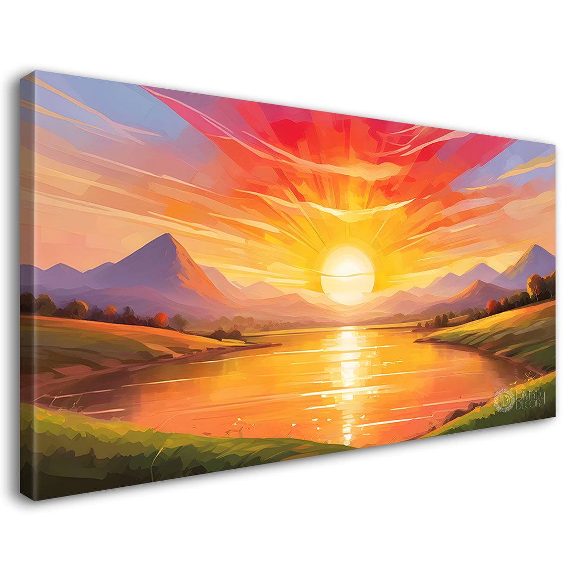 Mountains with river and sunset textured water color art Canvas Painting - Nature Art -182
