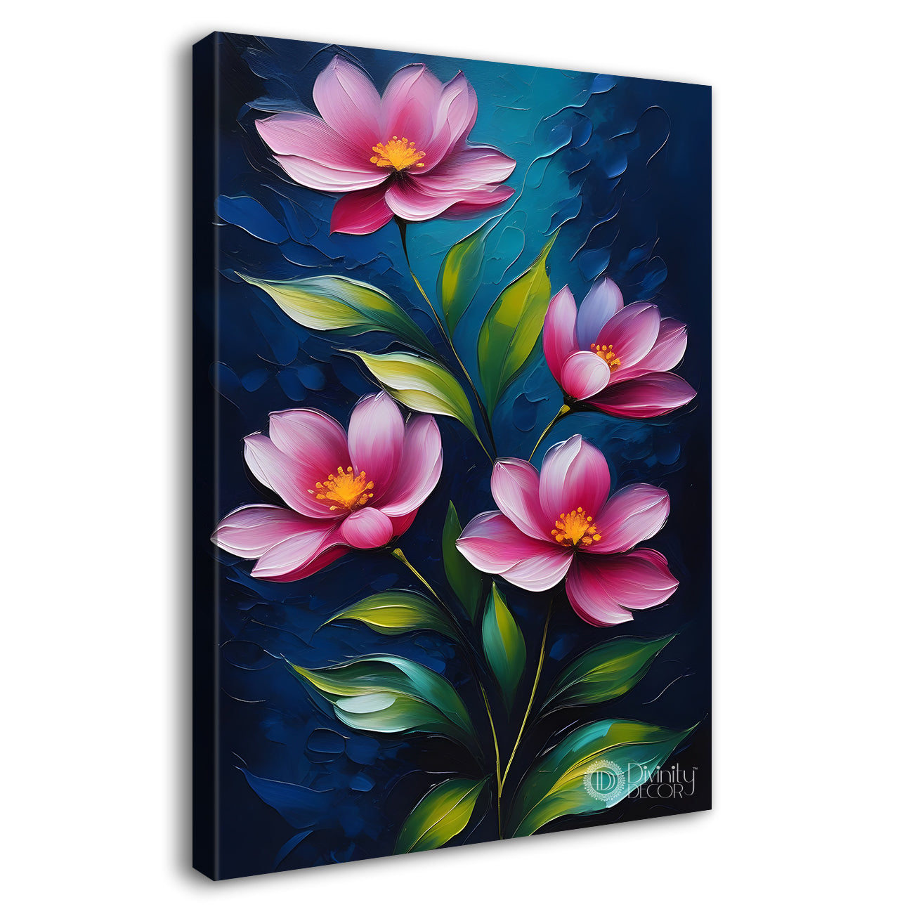 Pink flowers in dark textured painting- Flower-V-182