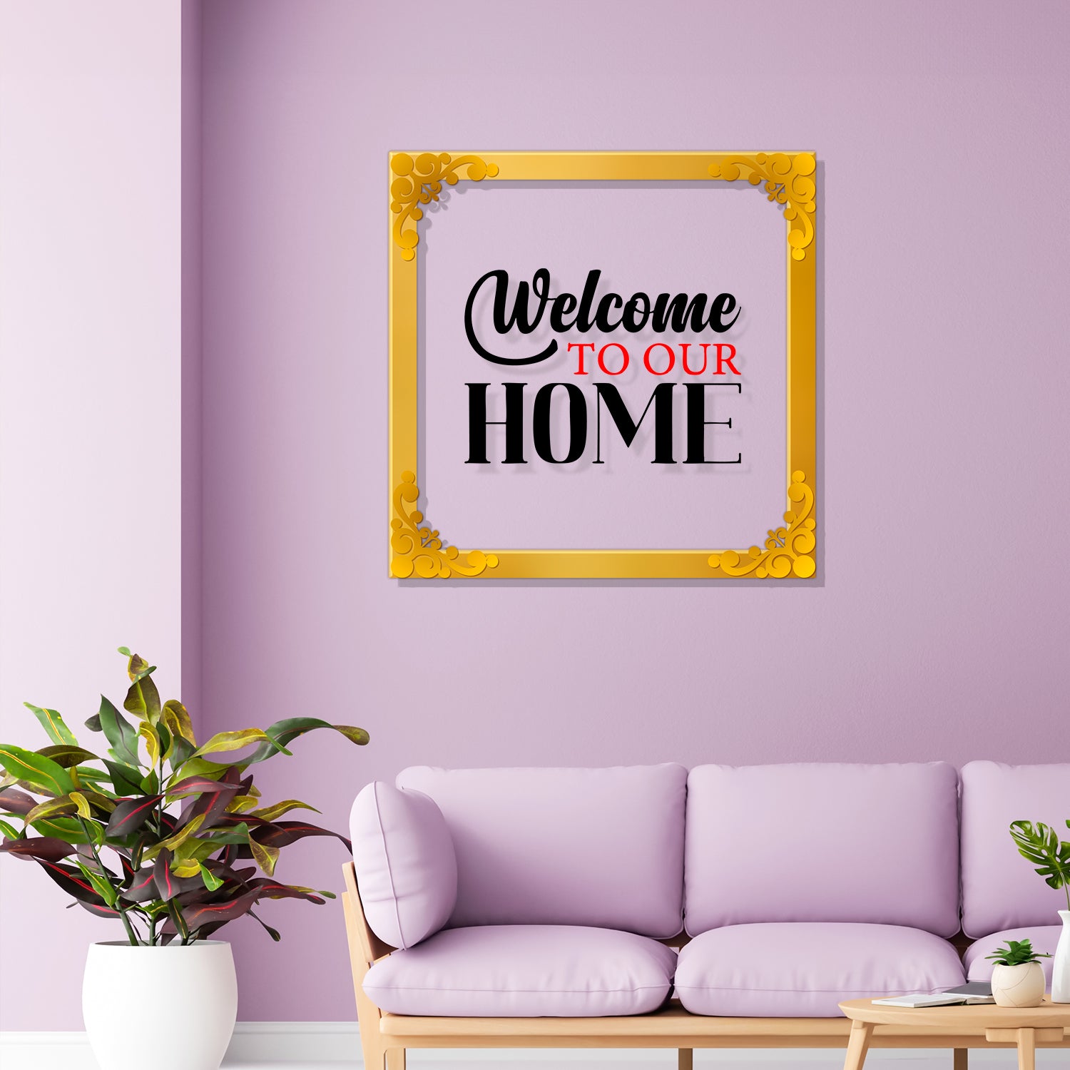 Welcome to our home Golden Plaque for Gifting, Wall Decor Clear UV print with Golden Border-183