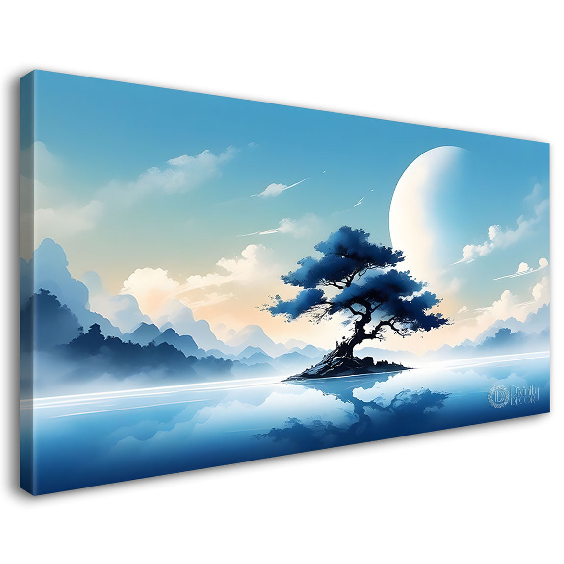 Tree with half moon in textured water color art Canvas Painting - Nature Art -183