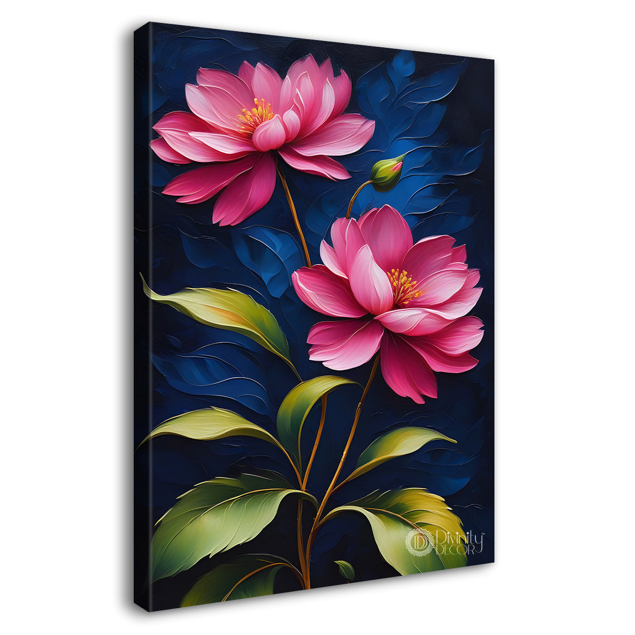 Pink flowers in dark textured painting- Flower-V-183