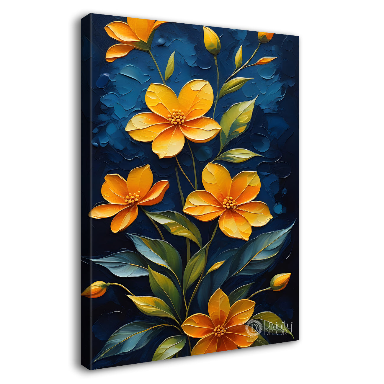 Yellow flowers in navy blue textured background painting- Flower-V-184