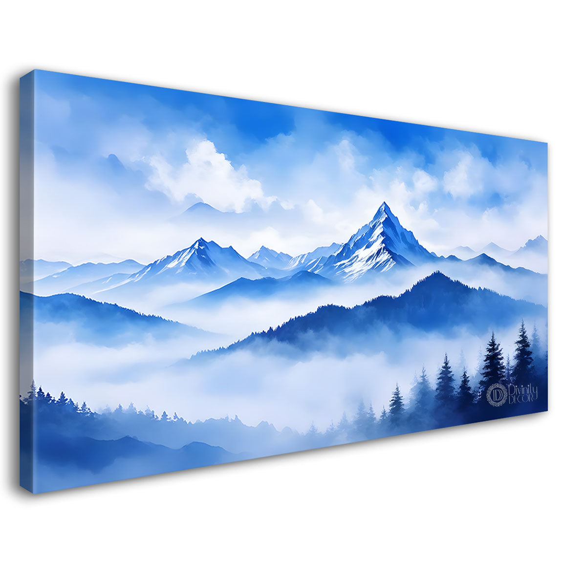 Mountains and clouds with trees in textured water color art Canvas Painting - Nature Art -184
