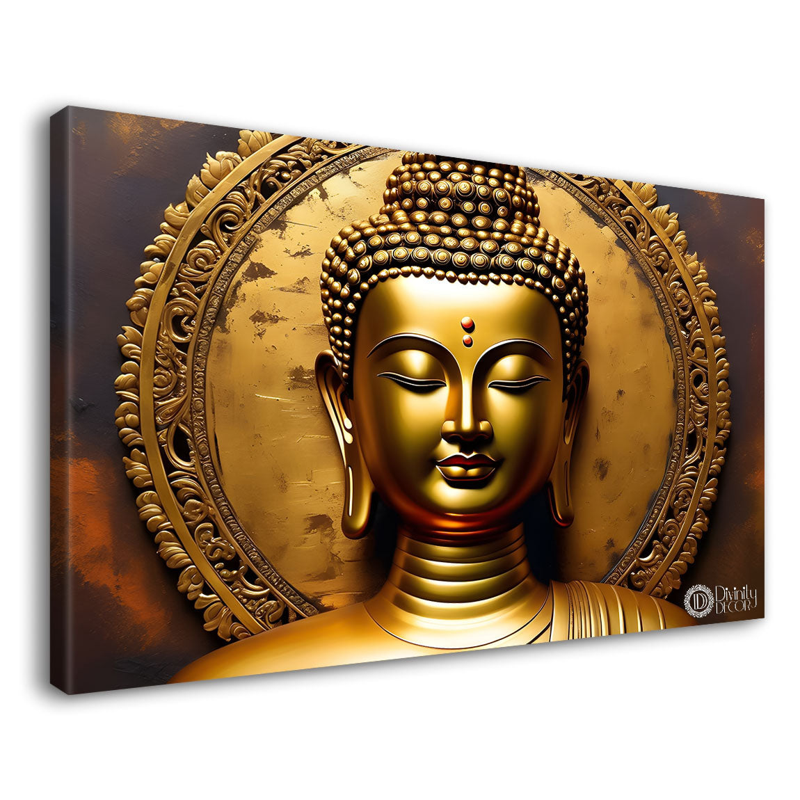 Golden buddha with orange flower background painting Canvas Wall Painting - Buddha-185