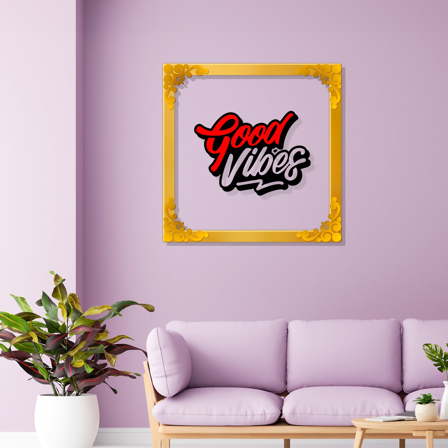 Good vibes Golden Plaque for Gifting, Wall Decor Clear UV print with Golden Border-185