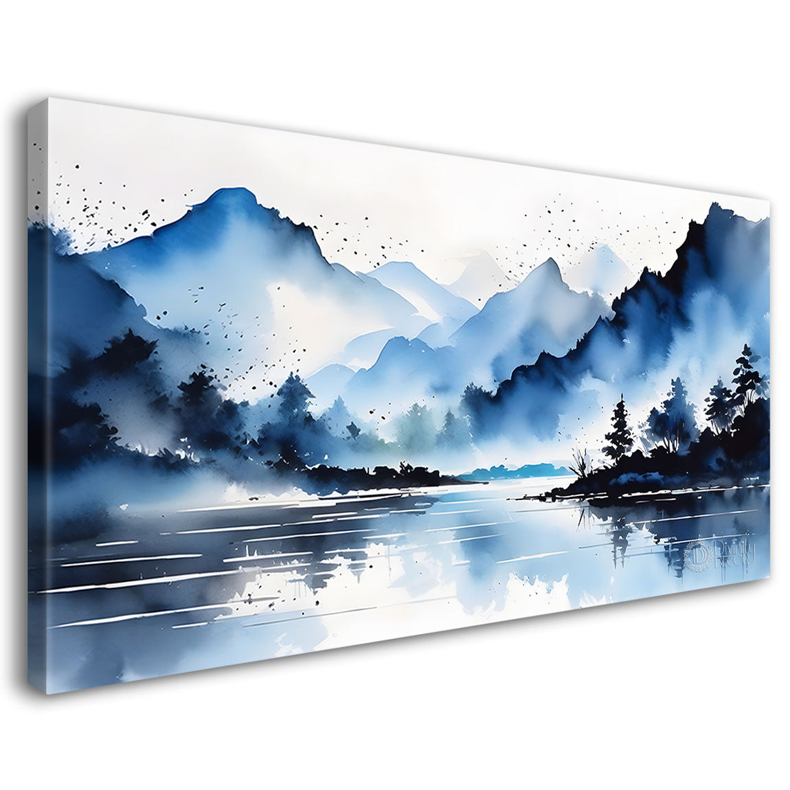 Mountains with river and trees with water color textured art Canvas Painting - Nature Art -185
