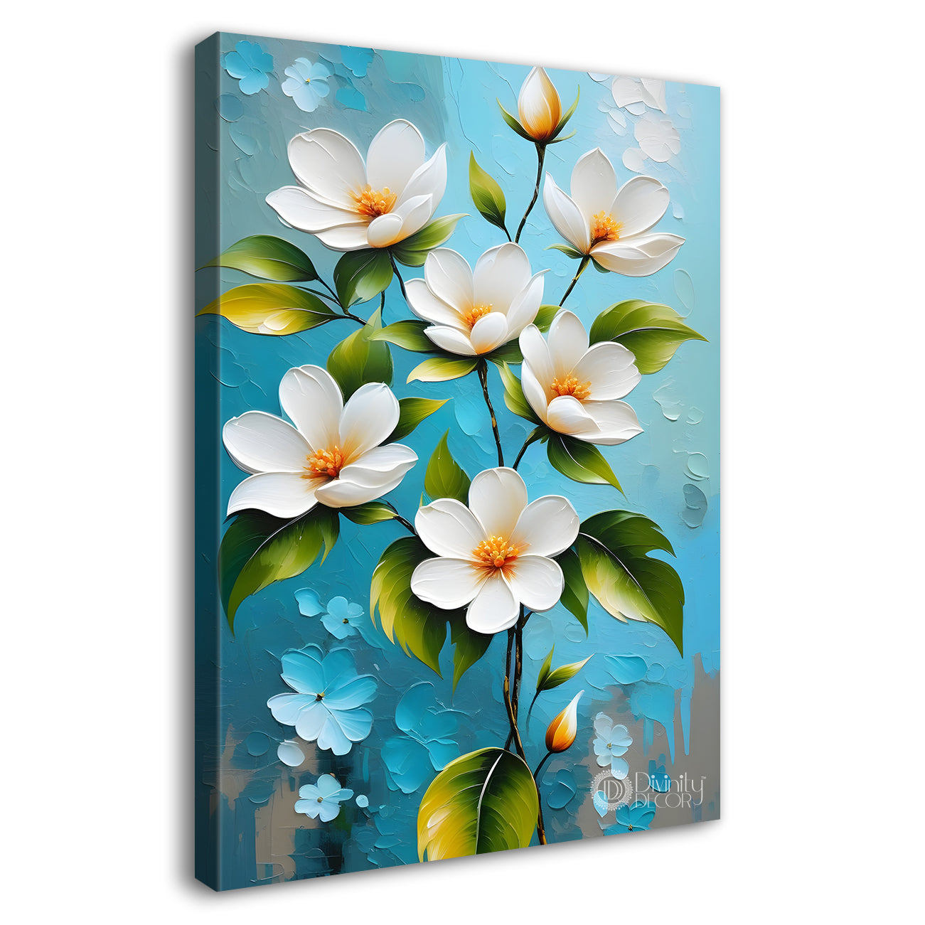 White flowers in sky blue textured background painting- Flower-V-186