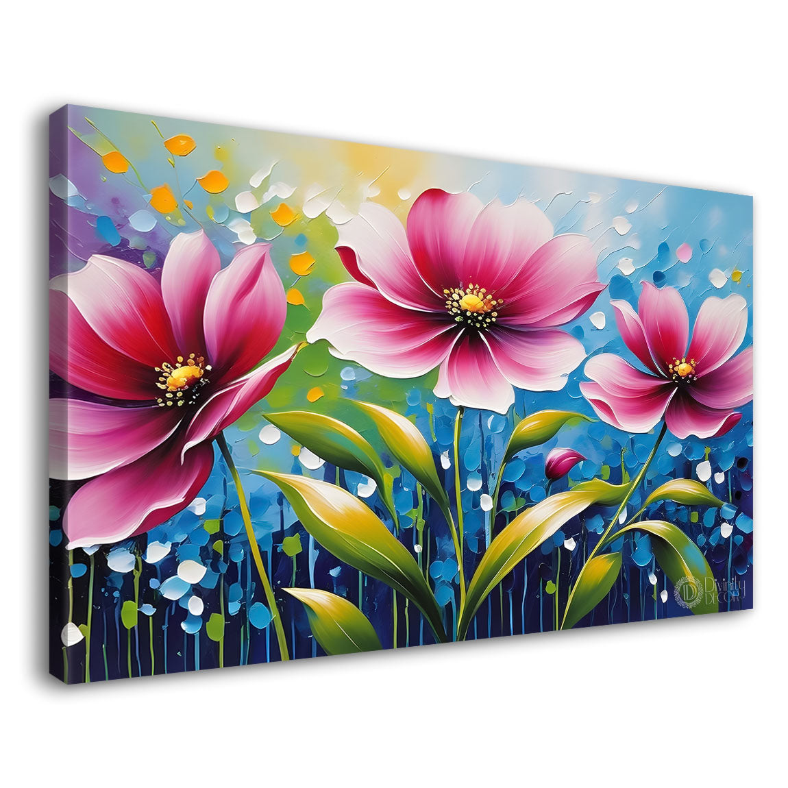 Pink flowers with blue background- Design - Flower-187