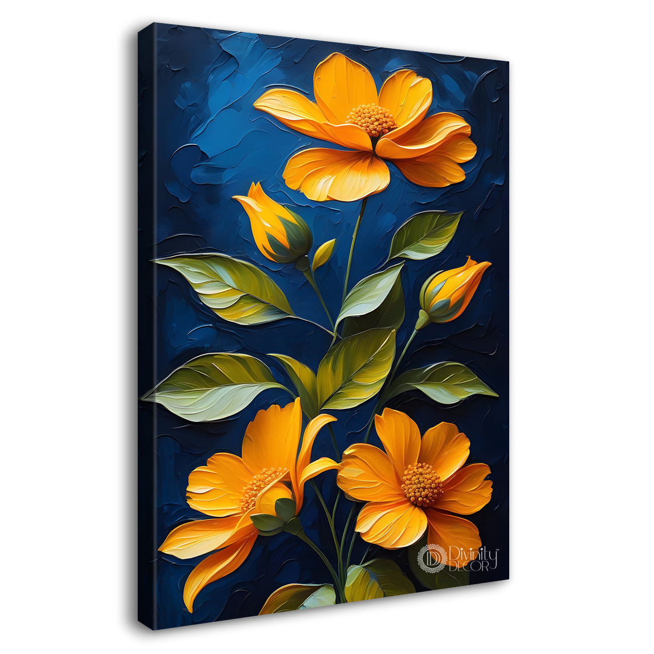 Yellow flowers in navy blue textured background painting- Flower-V-188
