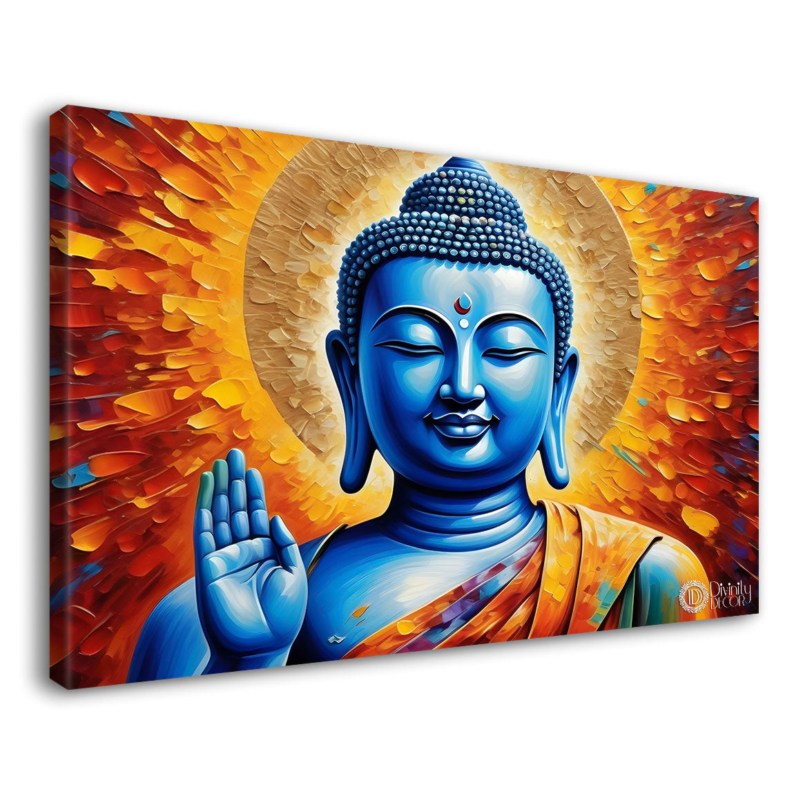 Blue buddha in orange background textured painting Canvas Wall Painting - Buddha-189