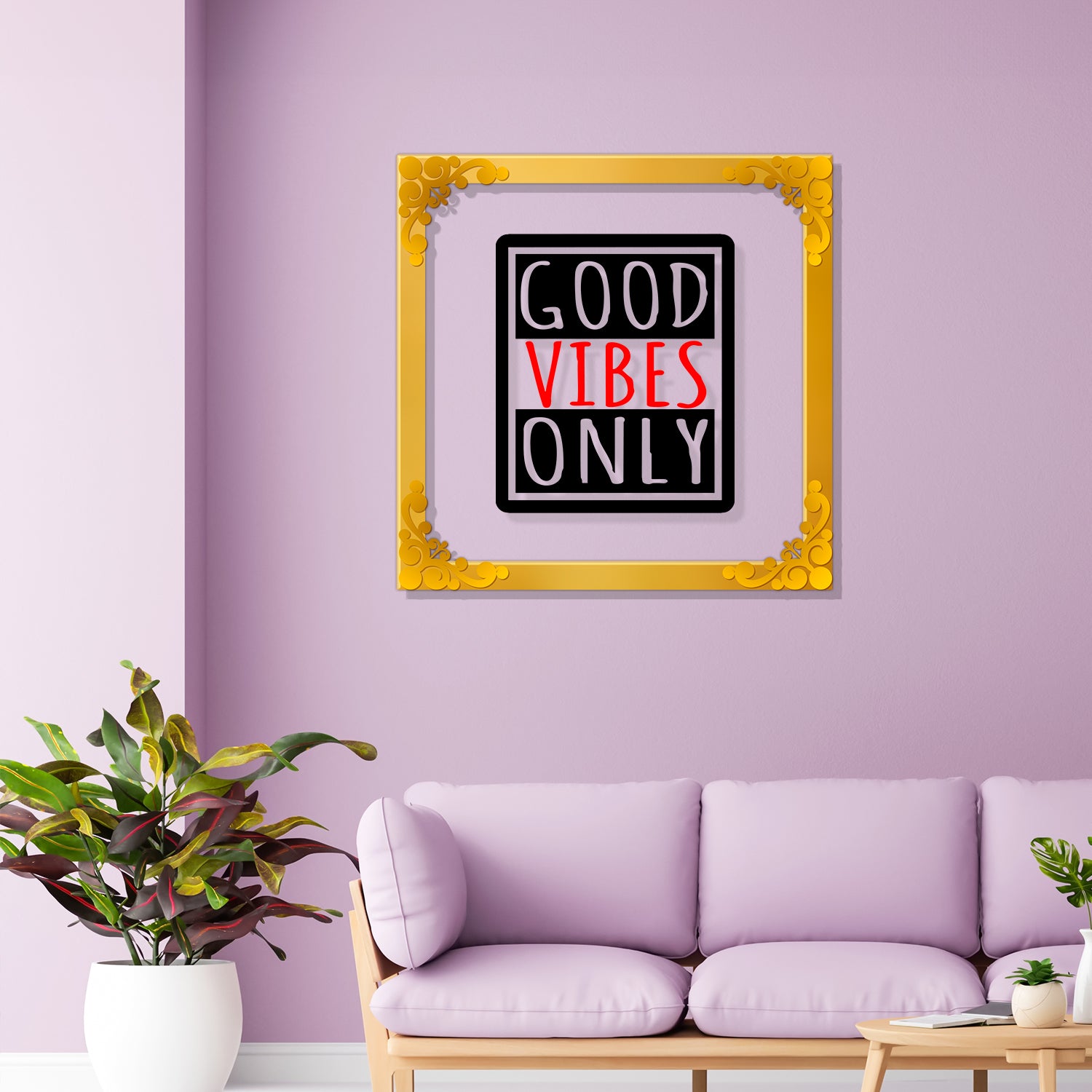 Good vibes only Golden Plaque for Gifting, Wall Decor Clear UV print with Golden Border-189