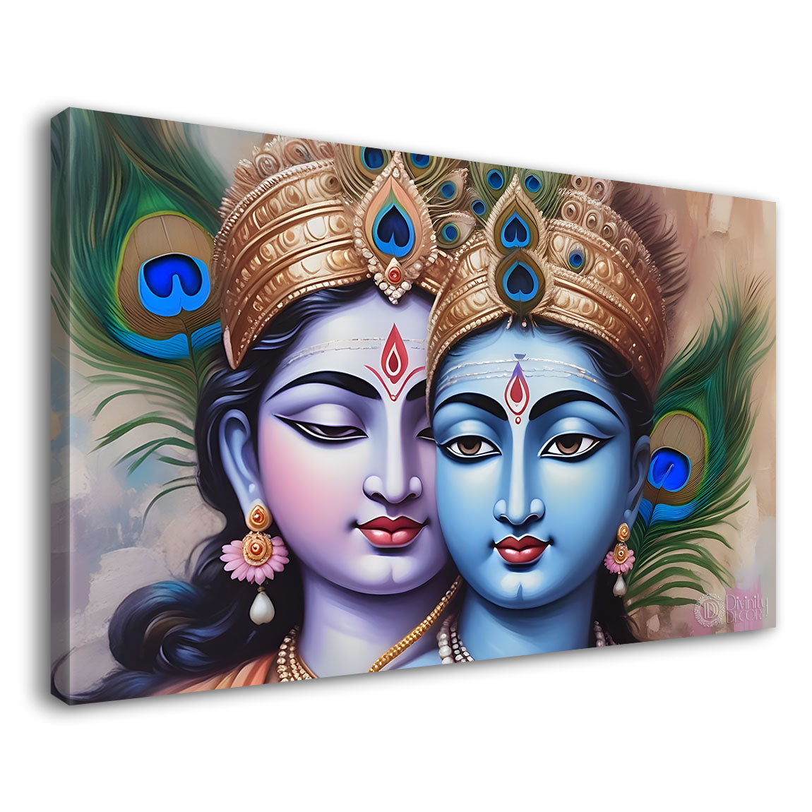 Blue face Krishna and Radha with peacock feather painting Canvas Painting - Design - Krishna-18