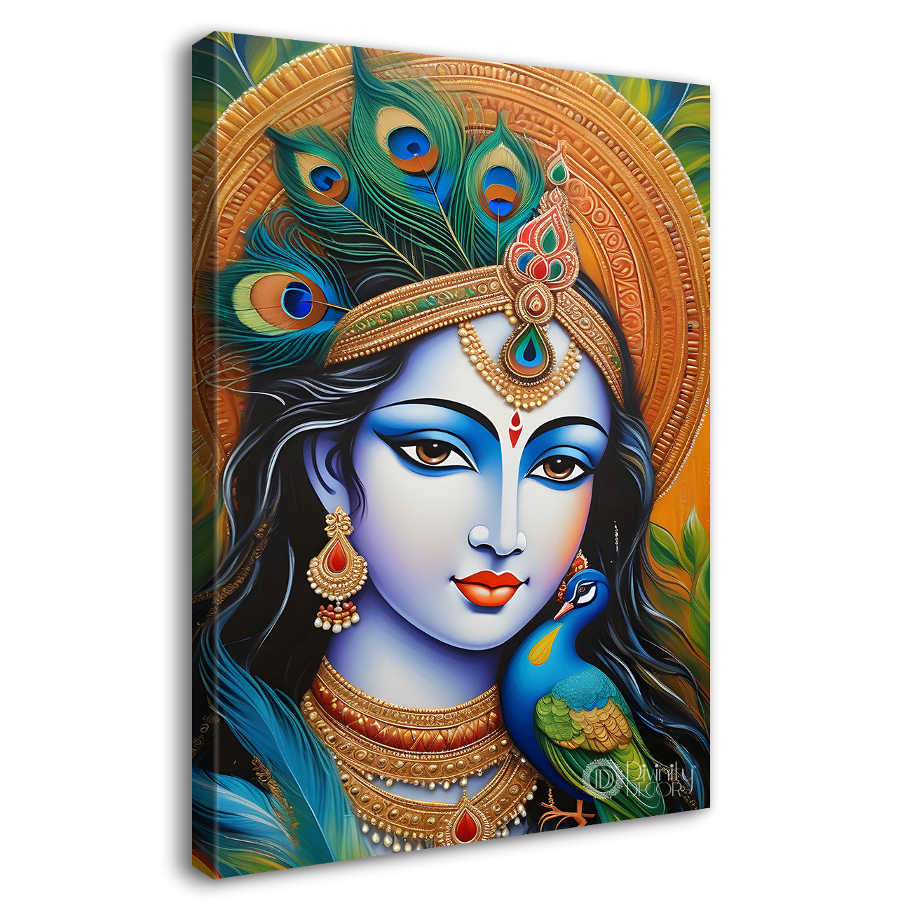 Blue face of krishna in orange background textured art Canvas Painting - Design - Krishna-V-18