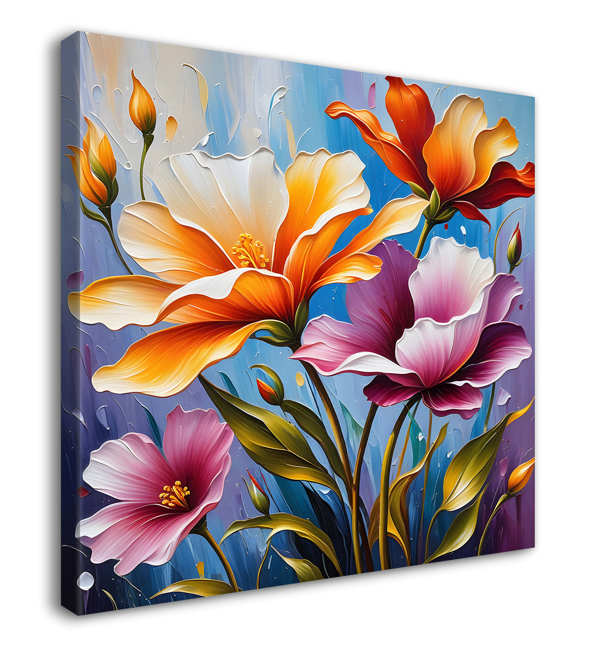 White and purple flowers in blue background textured painting - Flower-S-19