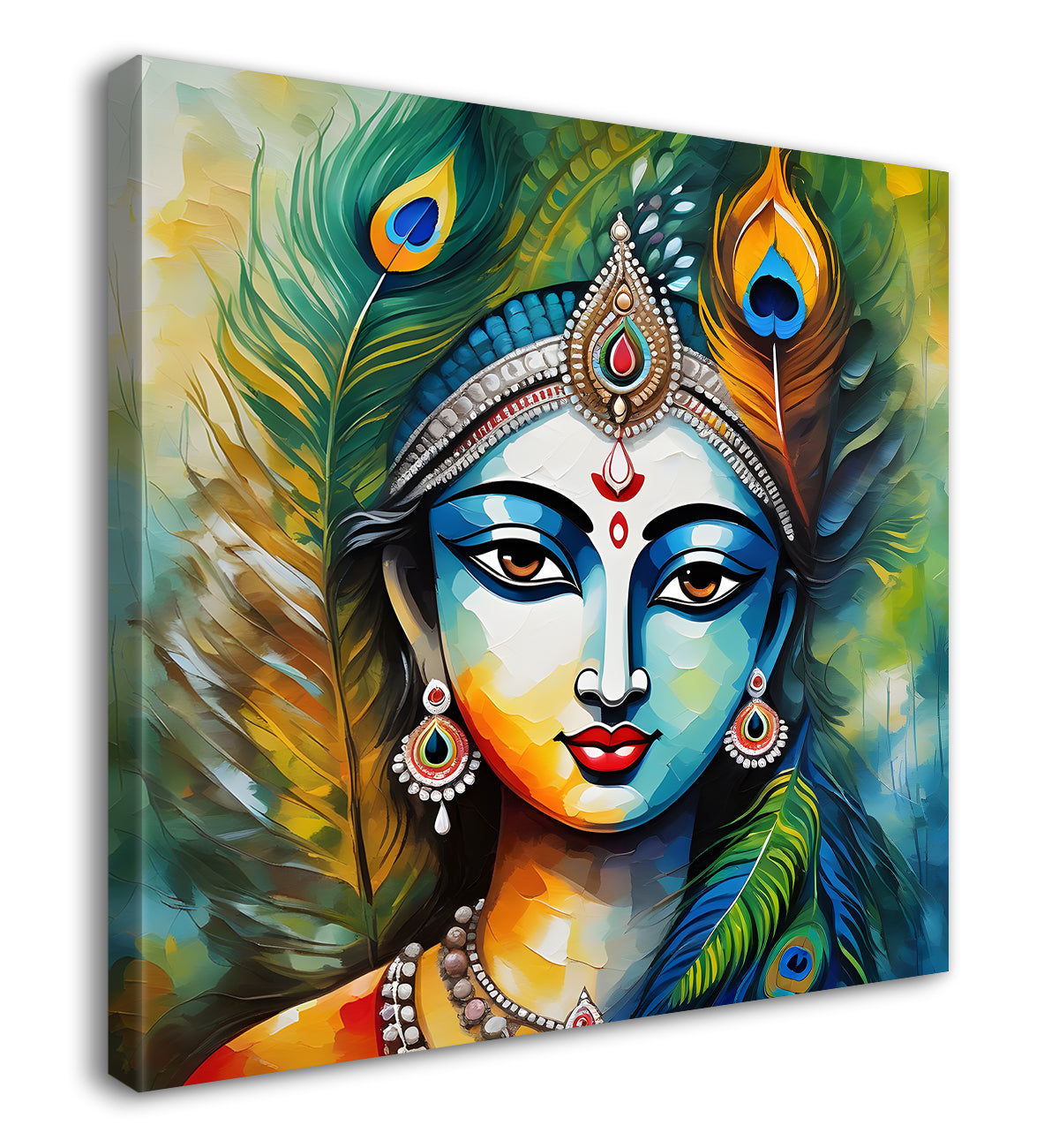 Blue face of krishna with peacock feathers oil painting Canvas Painting 24X24- Design - Krishna-S-18