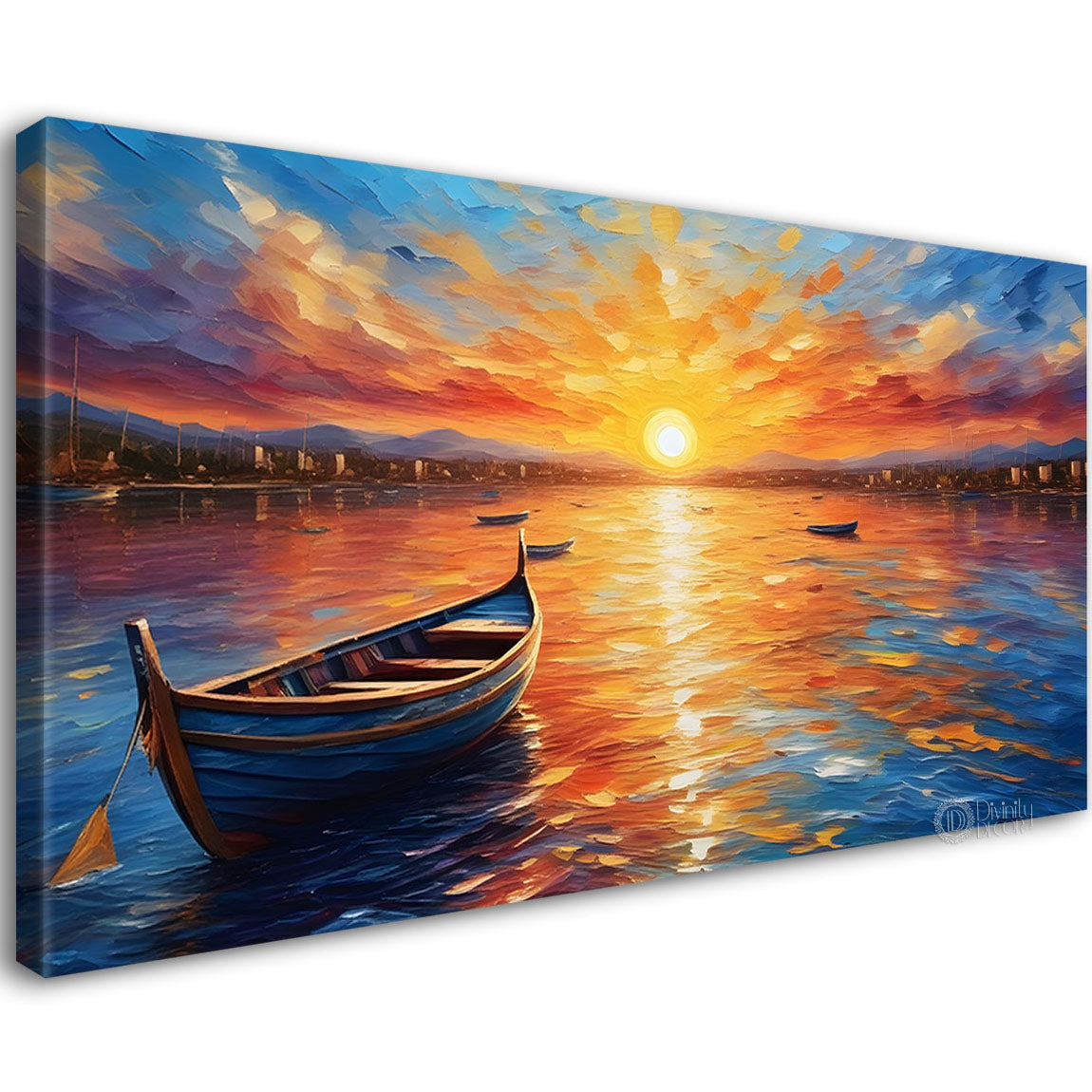 Boat in sea with sunrise background  textured modern art canvas painting - Design - River-18