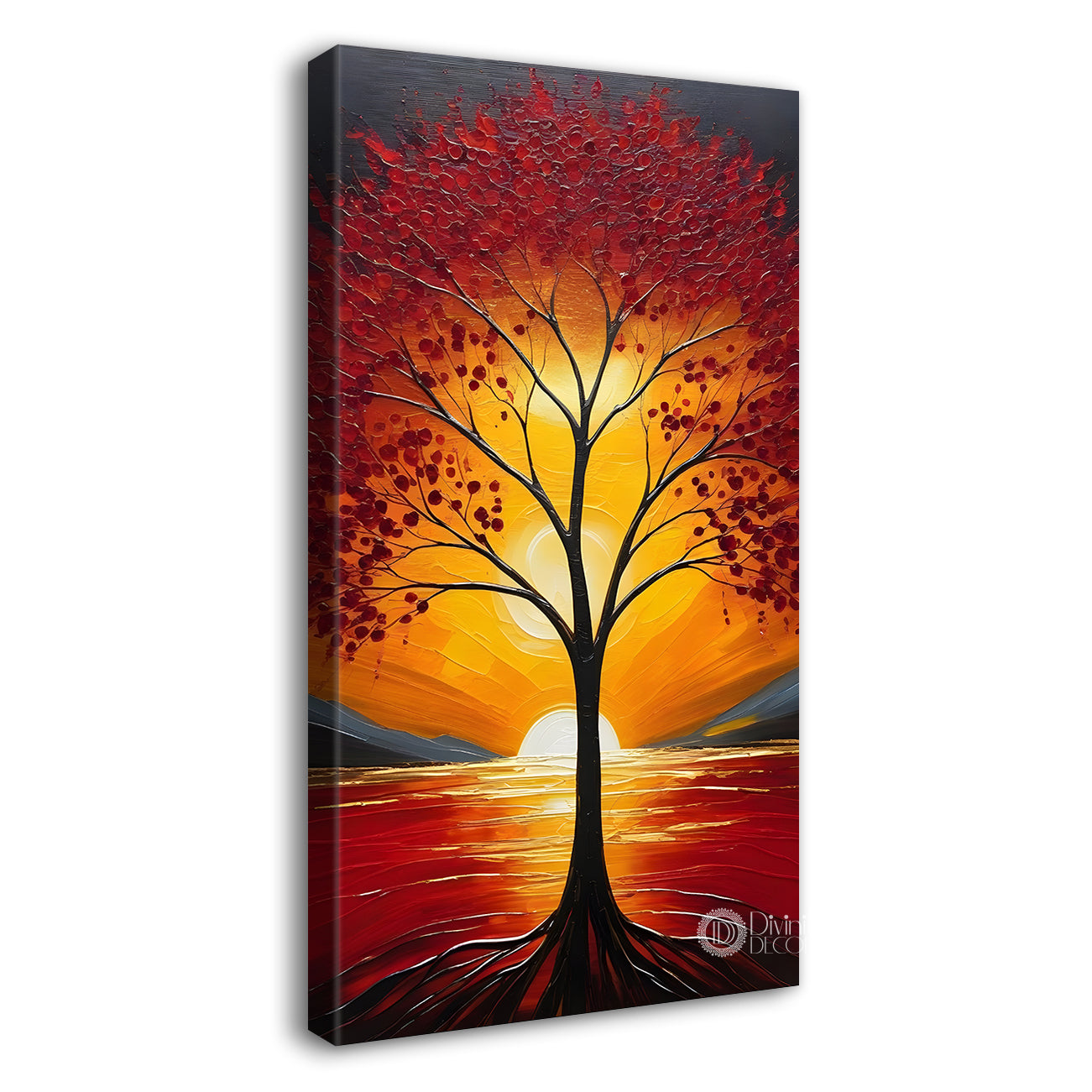 Red textured tree in front of sun with red textured oil painting Canvas painting - Tree-V-18