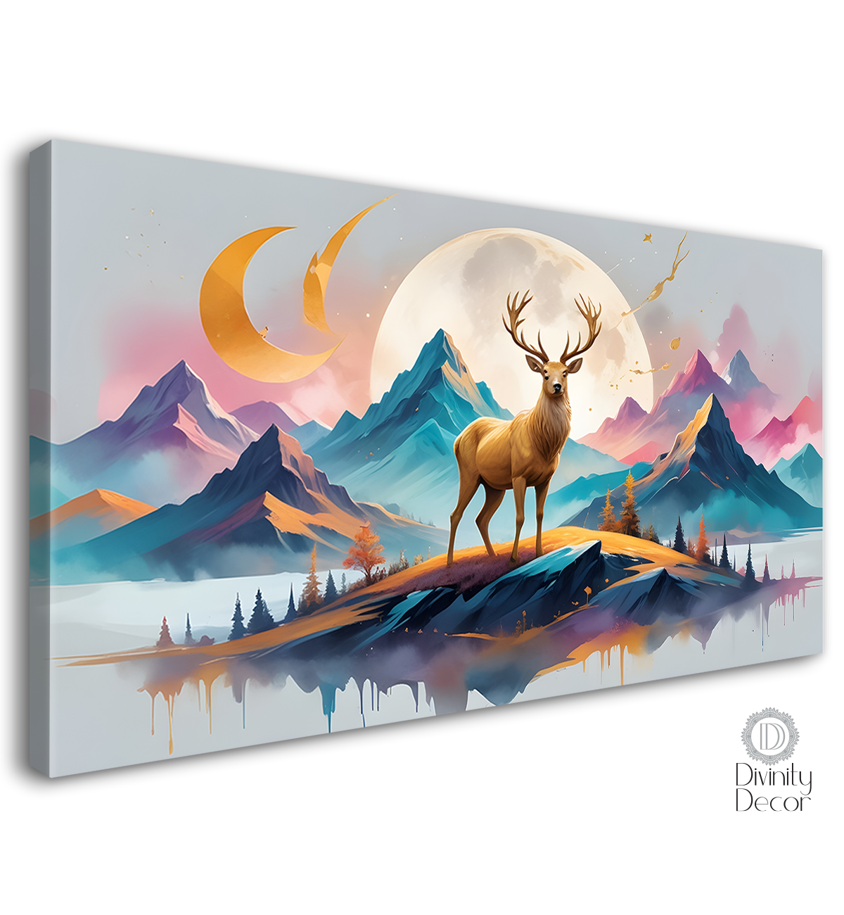 Golden Deer with mountains and moon in textured art.- Design - Animal -18