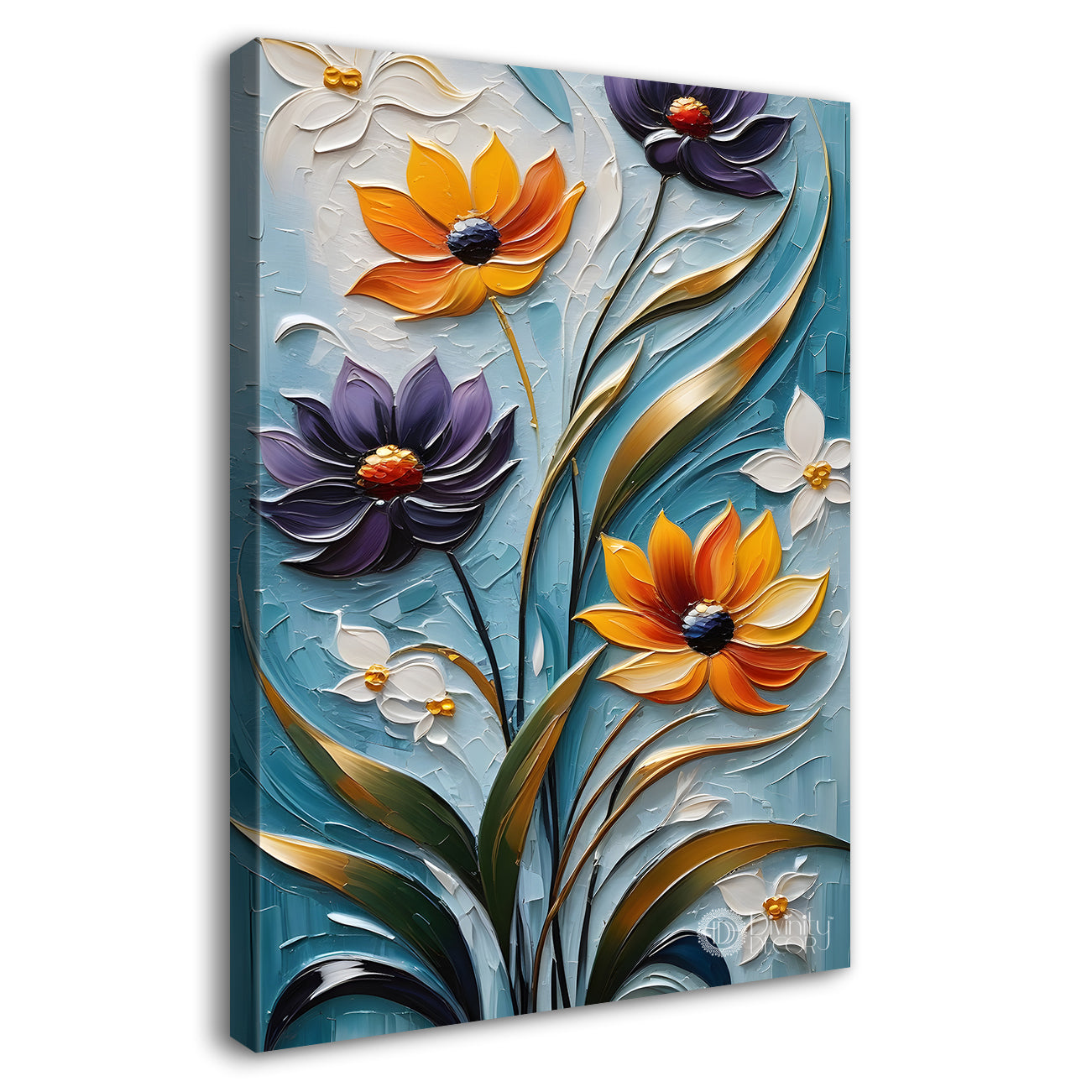 Colourful flowers in blue textured background painting - Flower-V-18