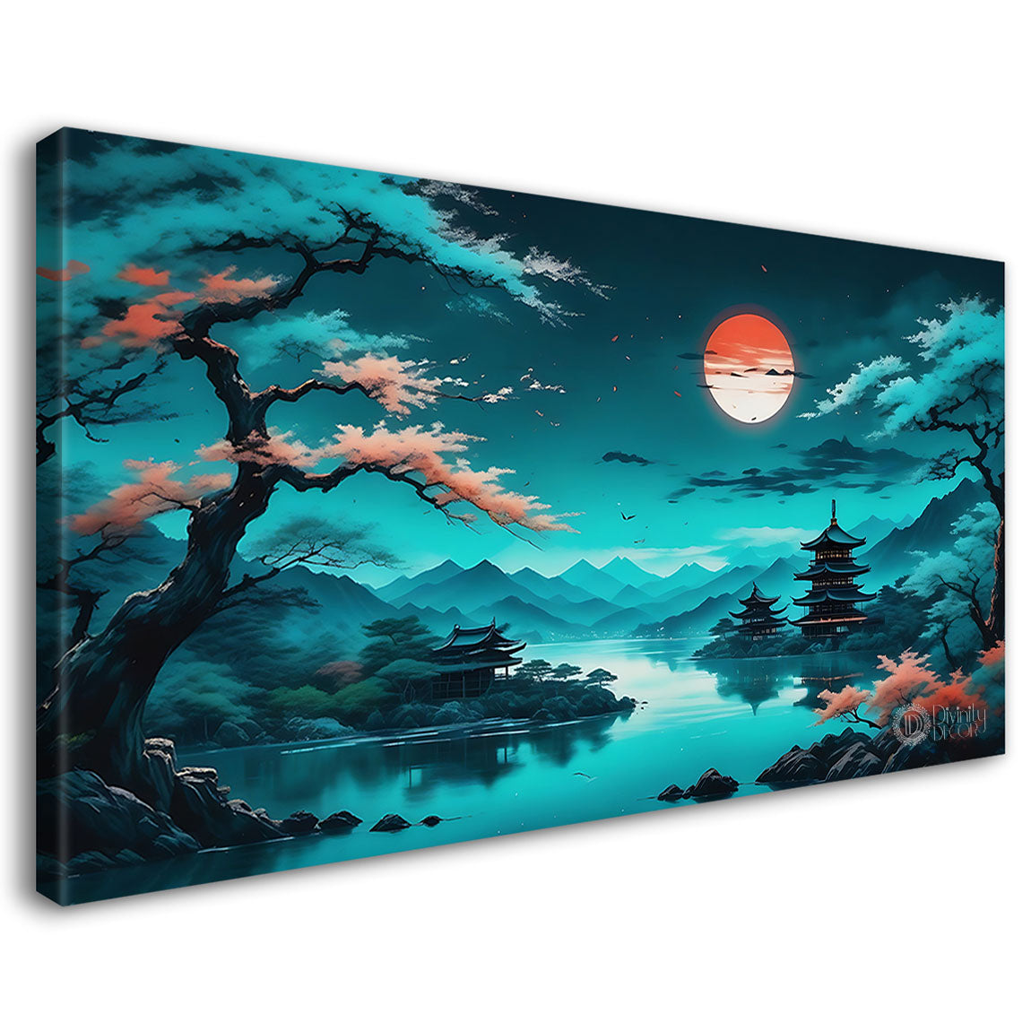 Trees with mountains and lake in aqua green background textured painting Canvas Painting - Nature Art -18