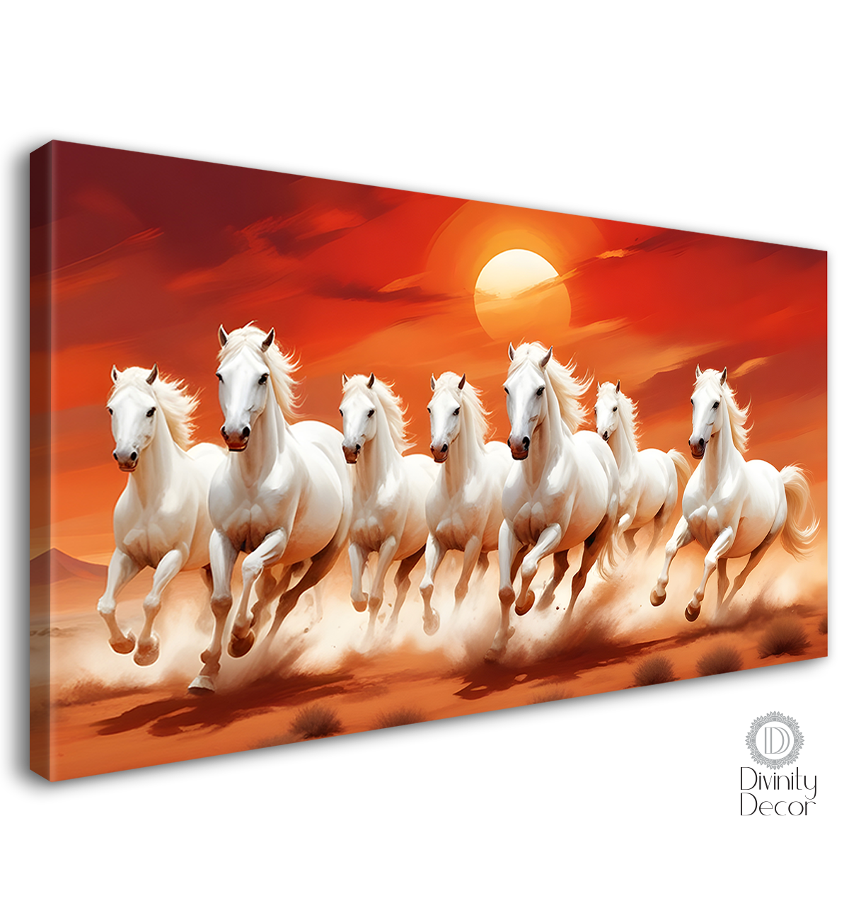 White running horses with sun in red textured background art Canvas Painting - Design - Horse-19