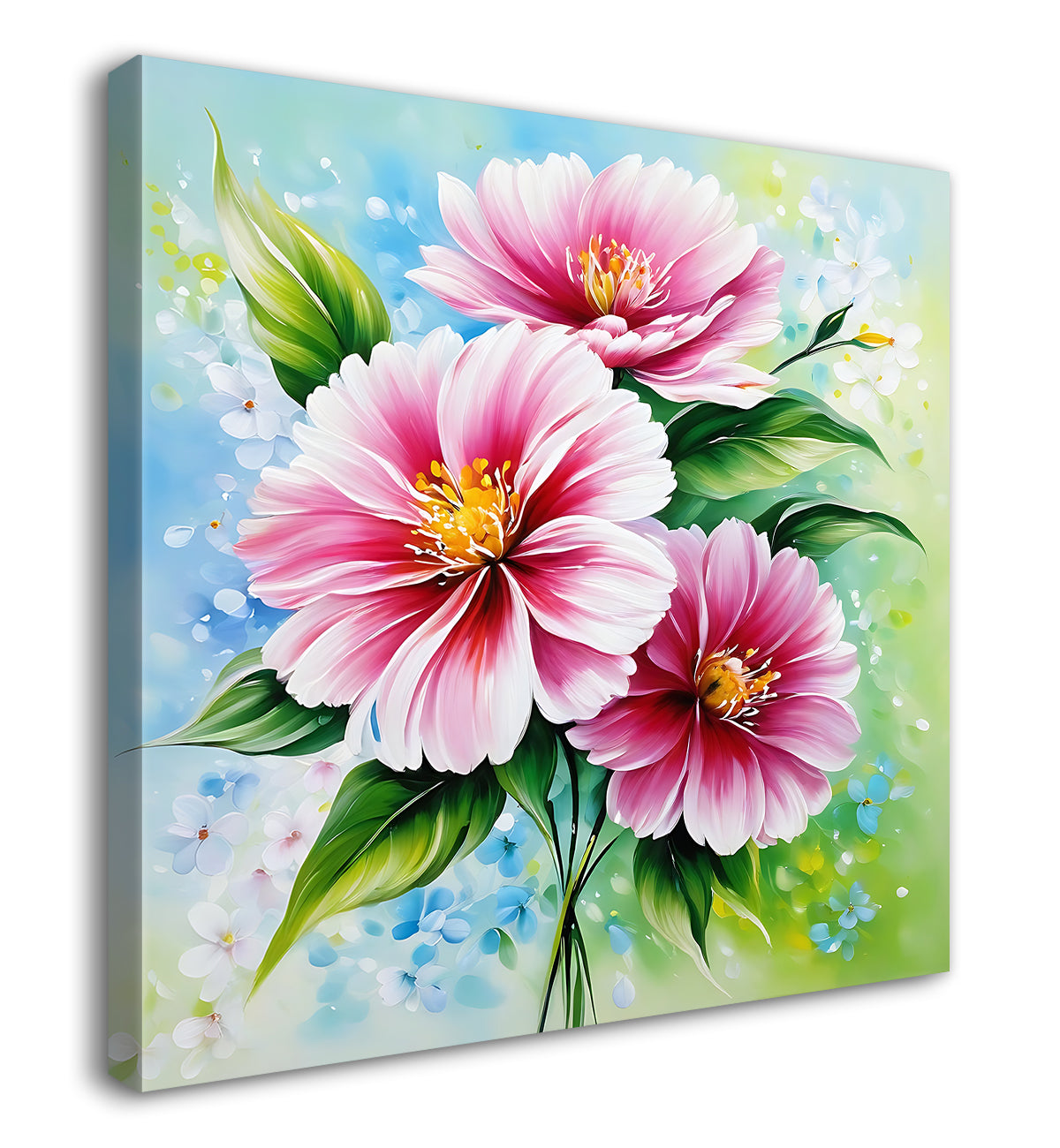 Pnk flowers in green textured painting - Flower-S-190