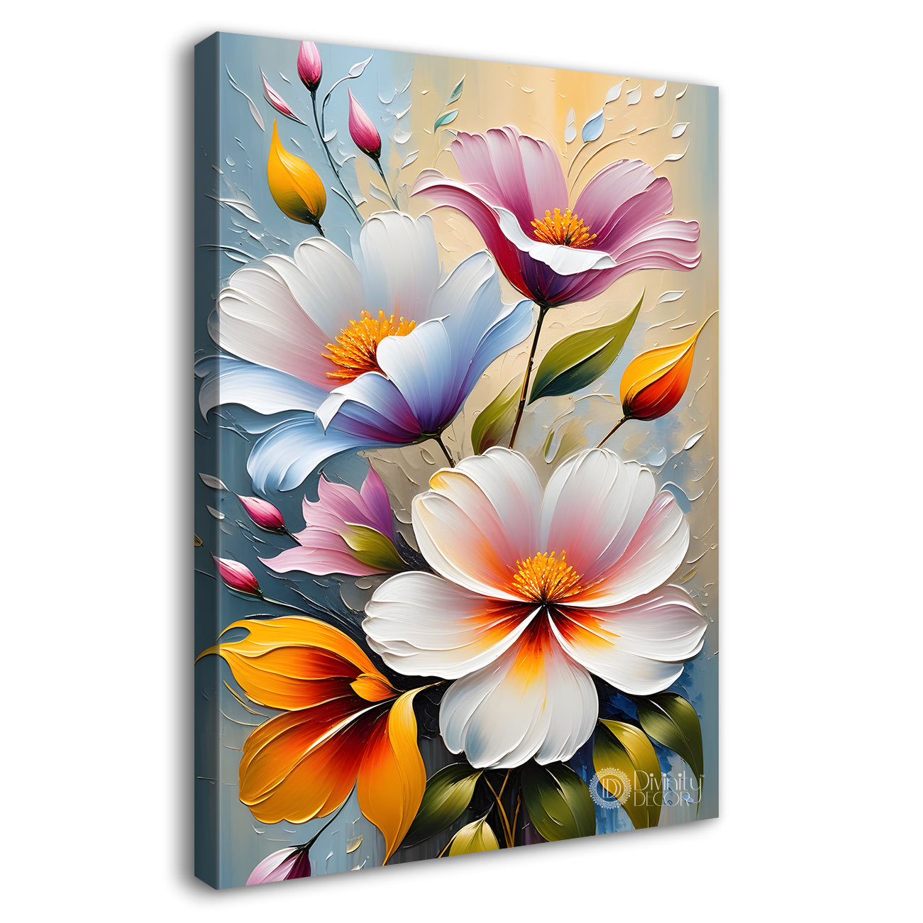 Colourful flowers in grey textured background painting- Flower-V-190
