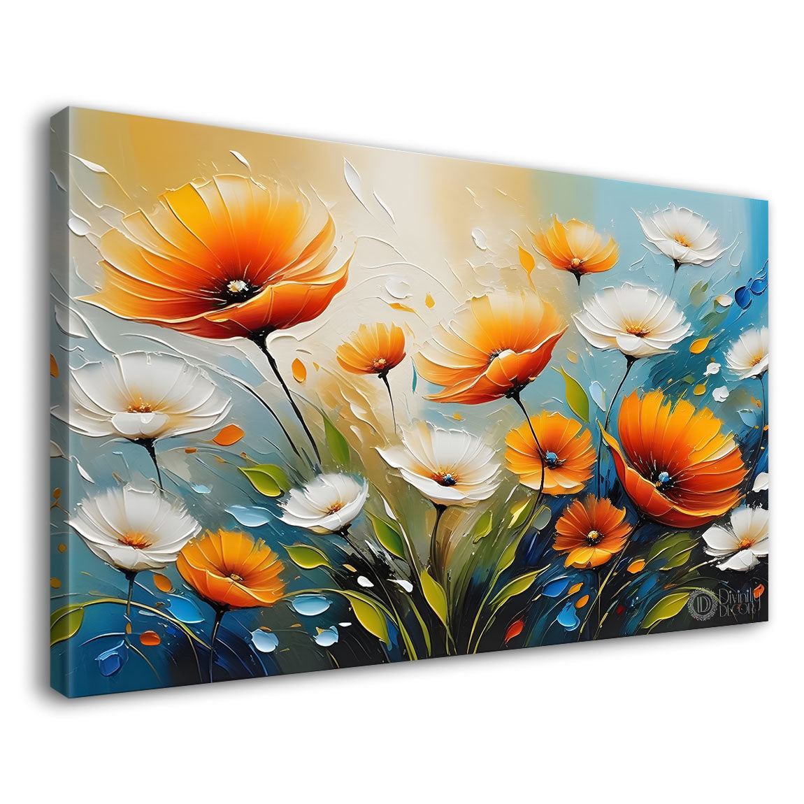 Orange and white flowers with blue background- Design - Flower-191
